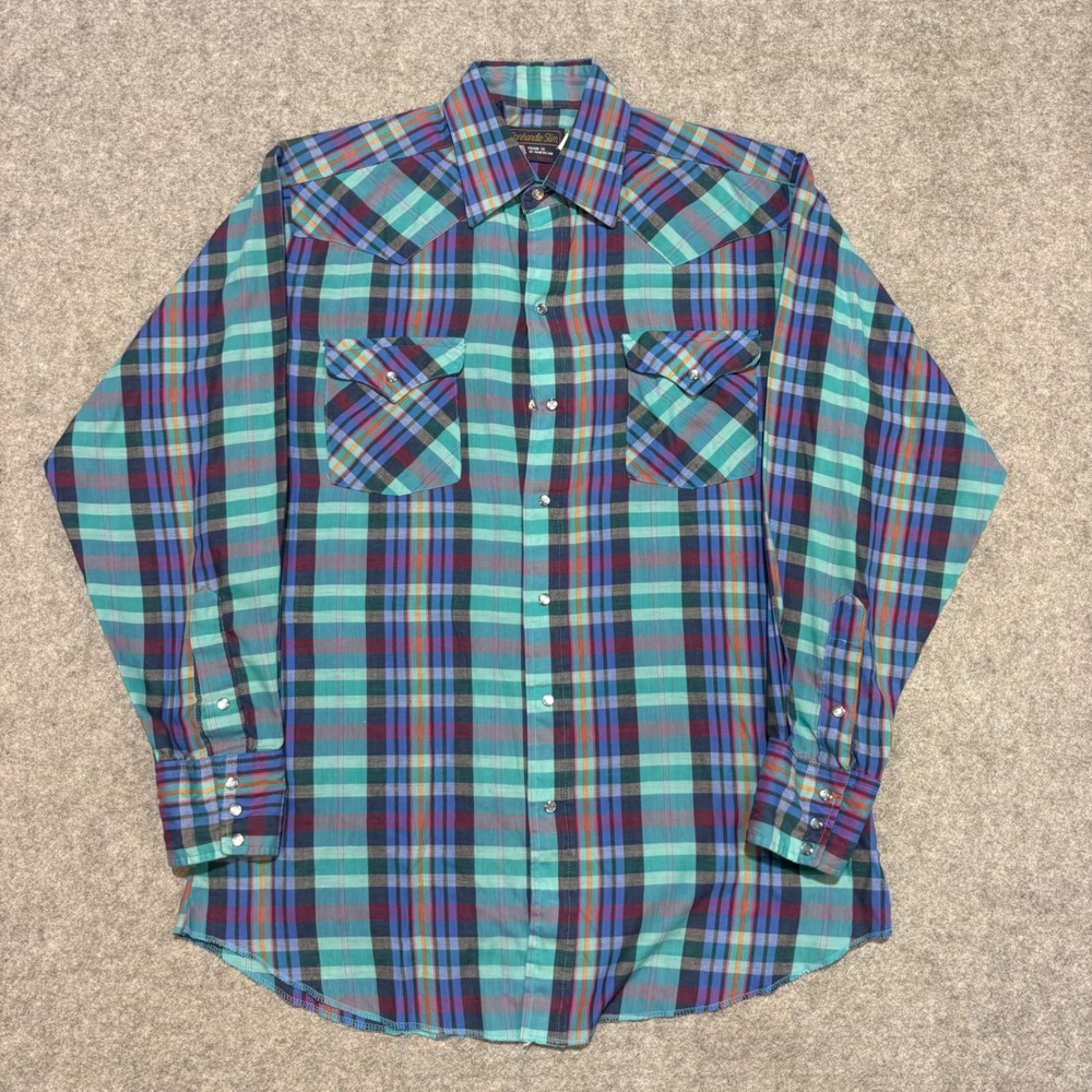 Panhandle Slim Mens Western Pearl Snap Shirt Plaid Teal Purple Vintage 16x34